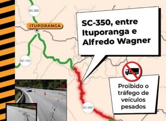 ALFREDO WAGNER À ITUPORANGA: RODOVIA ESTÁ INTERDITADA PARA TRÁFEGO DE VEÍCULOS PESADOS